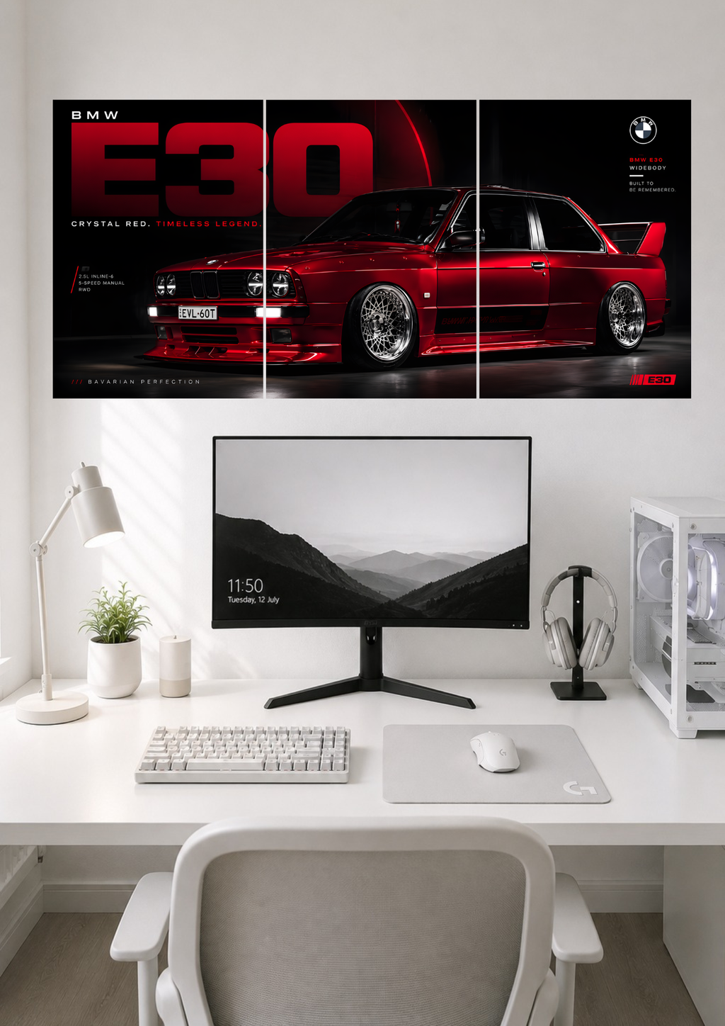 BMW E30 M3 CRYSTAL RED WIDEBODY TRIPTYCH CANVAS POSTER | SPLIT POSER
