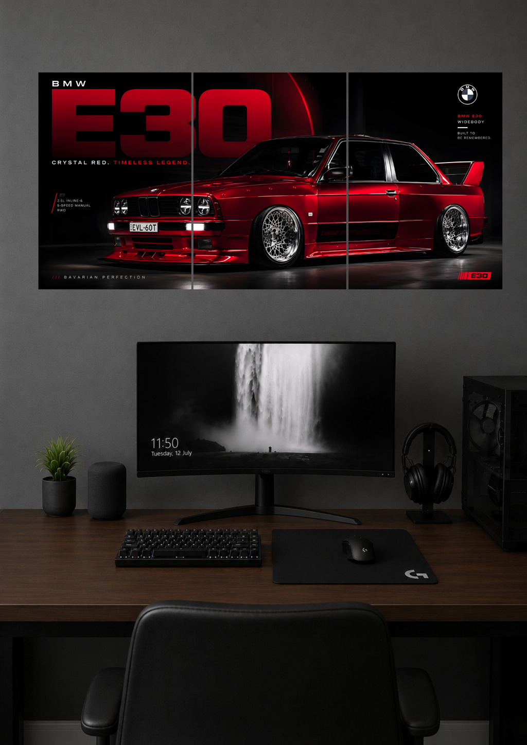 BMW E30 M3 CRYSTAL RED WIDEBODY TRIPTYCH CANVAS POSTER | SPLIT POSER