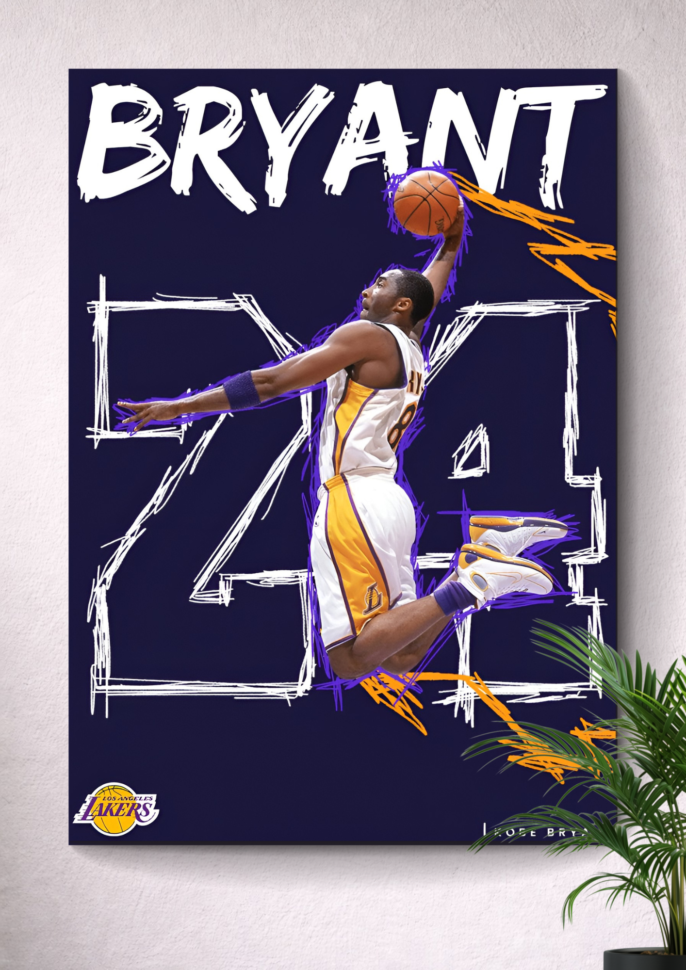 KOBE BRYANT SLAM DUNK POSTER – LOS ANGELES LAKERS #24 RETRO SKETCH CANVAS ART PRINT