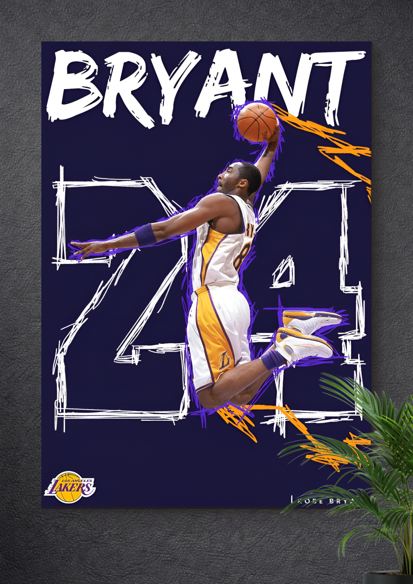 KOBE BRYANT SLAM DUNK POSTER – LOS ANGELES LAKERS #24 RETRO SKETCH CANVAS ART PRINT