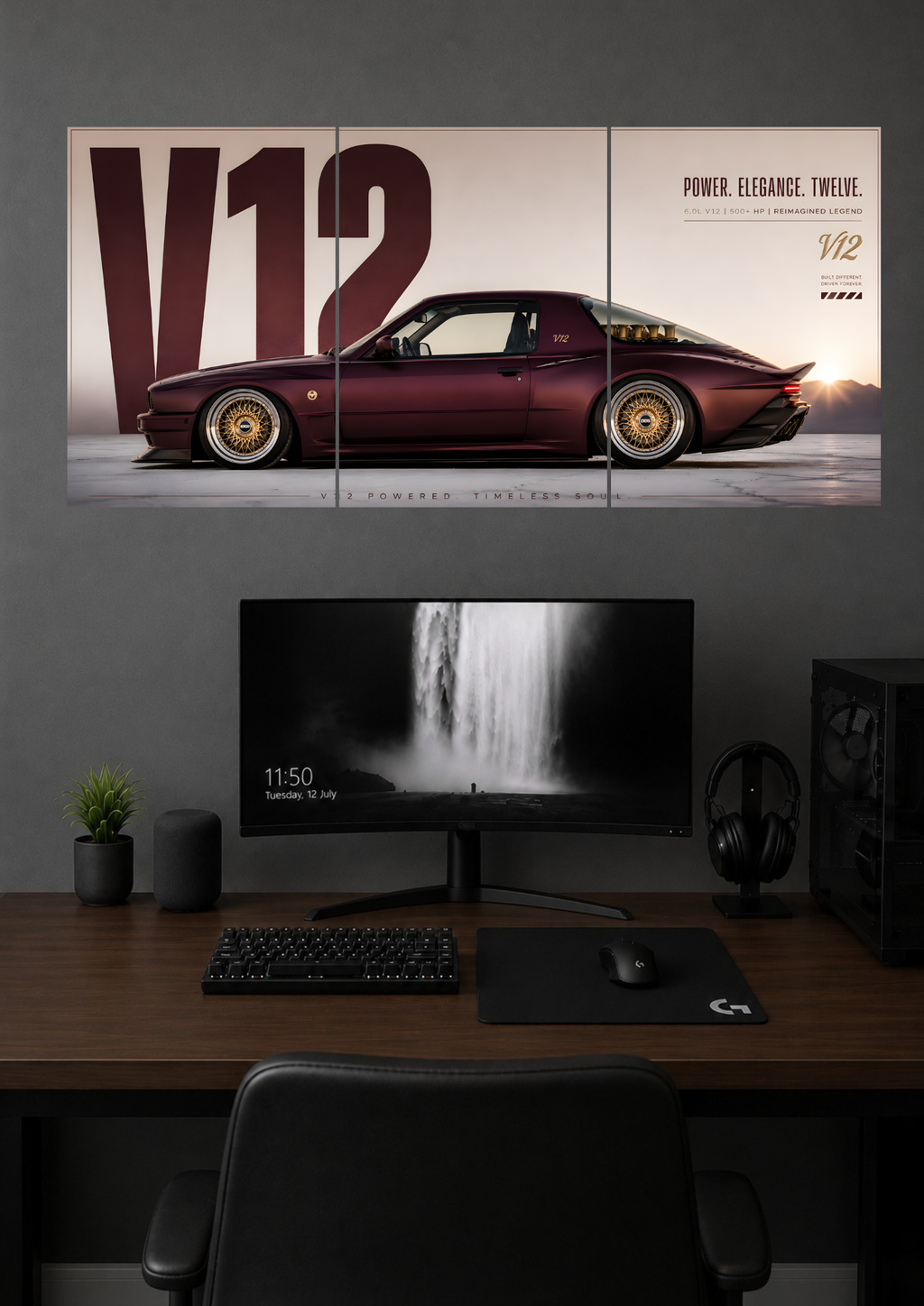 V12 POWER ELEGANCE TWELVE LUXURY CAR TRIPTYCH CANVAS POSTER | SPLIT POSTER
