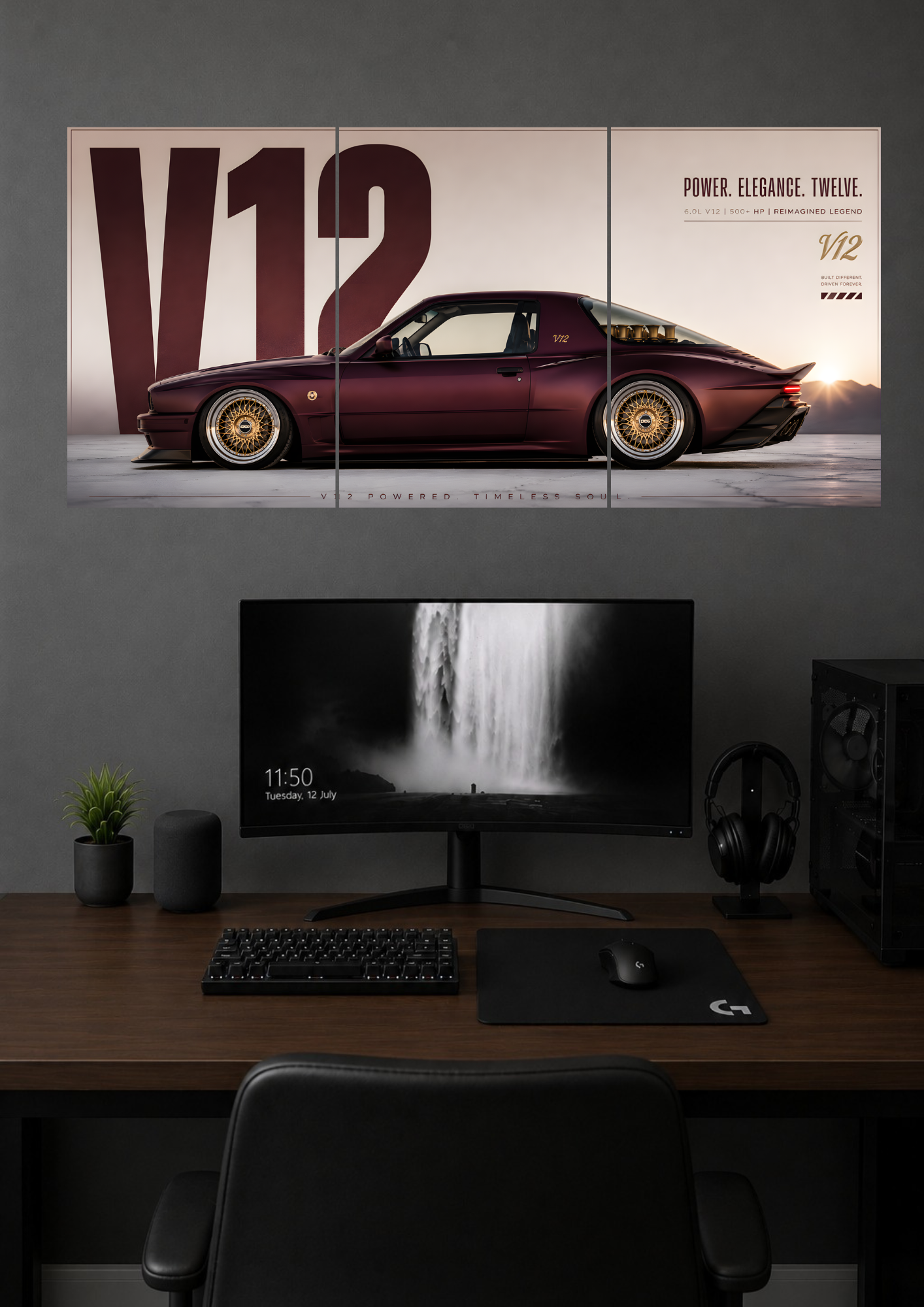 V12 POWER ELEGANCE TWELVE LUXURY CAR TRIPTYCH CANVAS POSTER | SPLIT POSTER