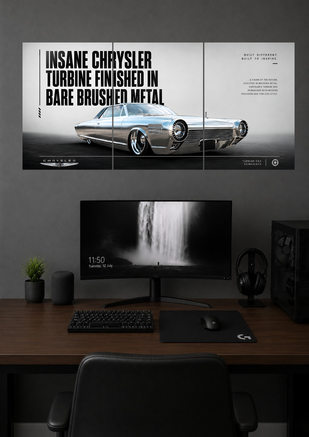 CHRYSLER TURBINE CONCEPT BARE BRUSHED METAL TRIPTYCH CANVAS POSTER | SPLIT POSTER