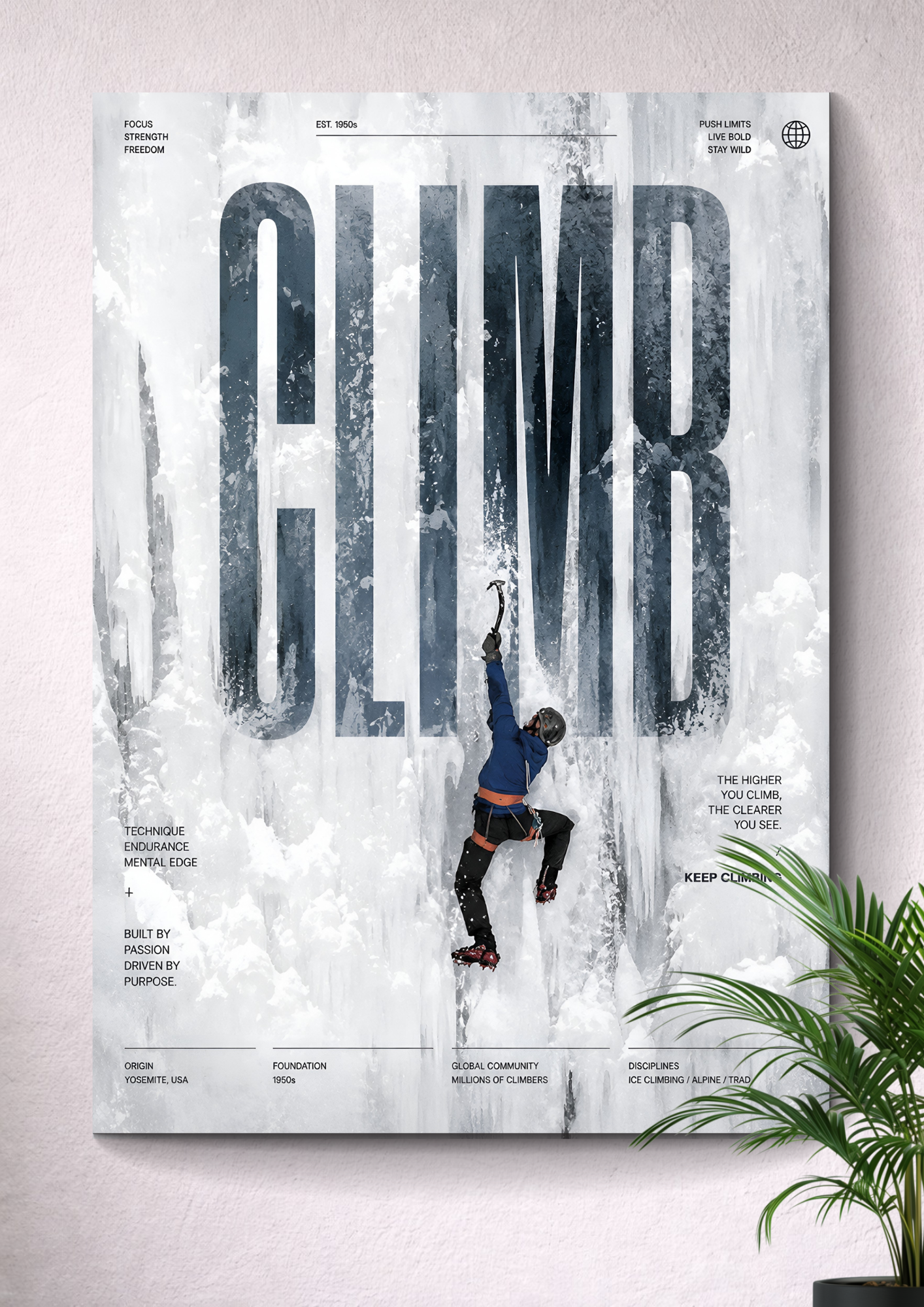 ICE CLIMBING GLACIER ASCENT | CLIMB TYPOGRAPHY WINTER SPORTS ART POSTER
