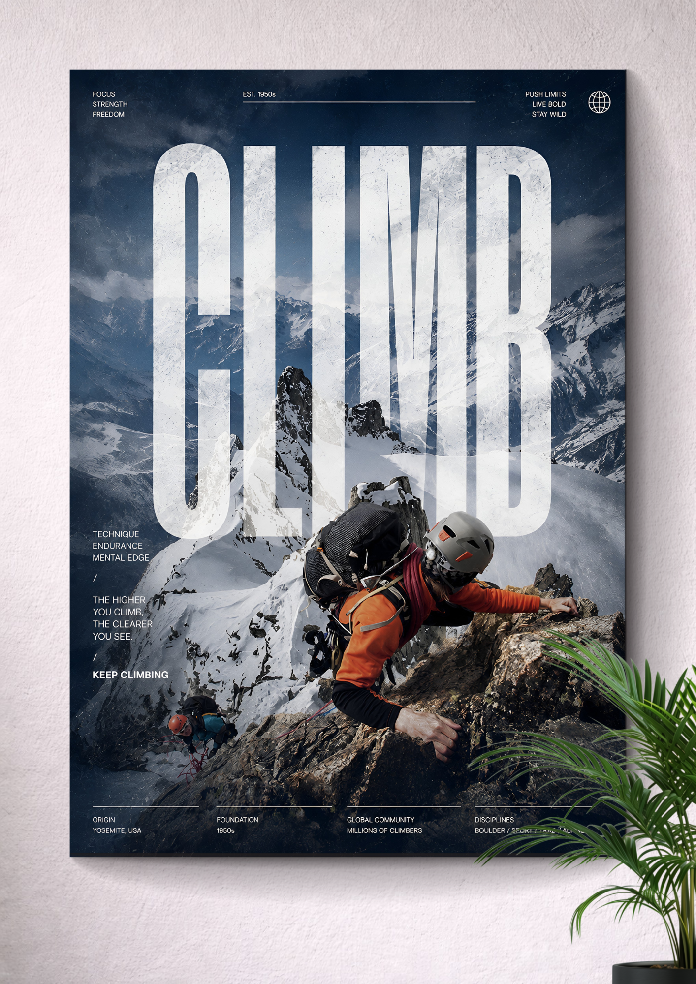 ROCK CLIMBING MOUNTAIN ASCENT | CLIMB TYPOGRAPHY ALPINE ADVENTURE ART POSTER