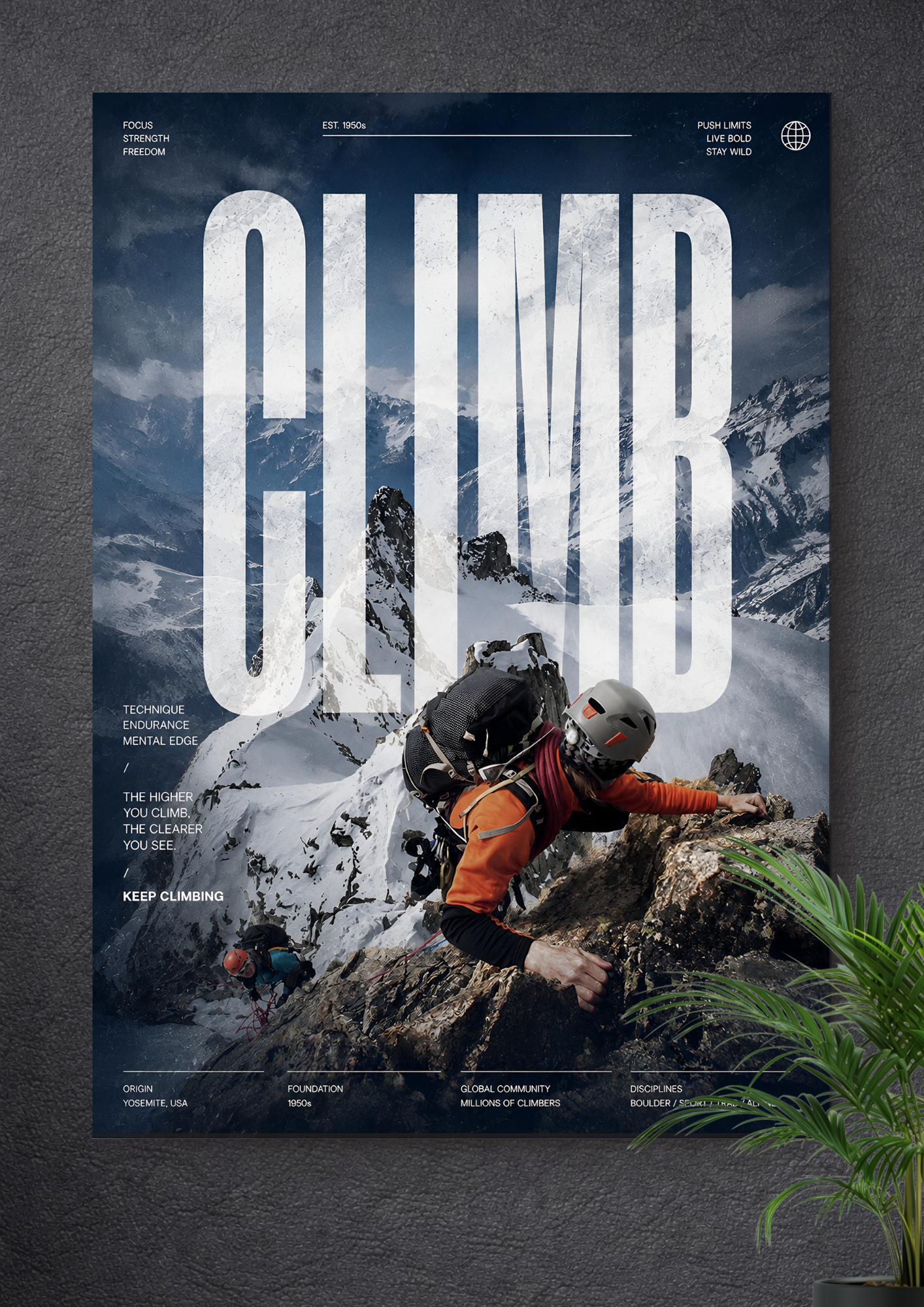 ROCK CLIMBING MOUNTAIN ASCENT | CLIMB TYPOGRAPHY ALPINE ADVENTURE ART POSTER