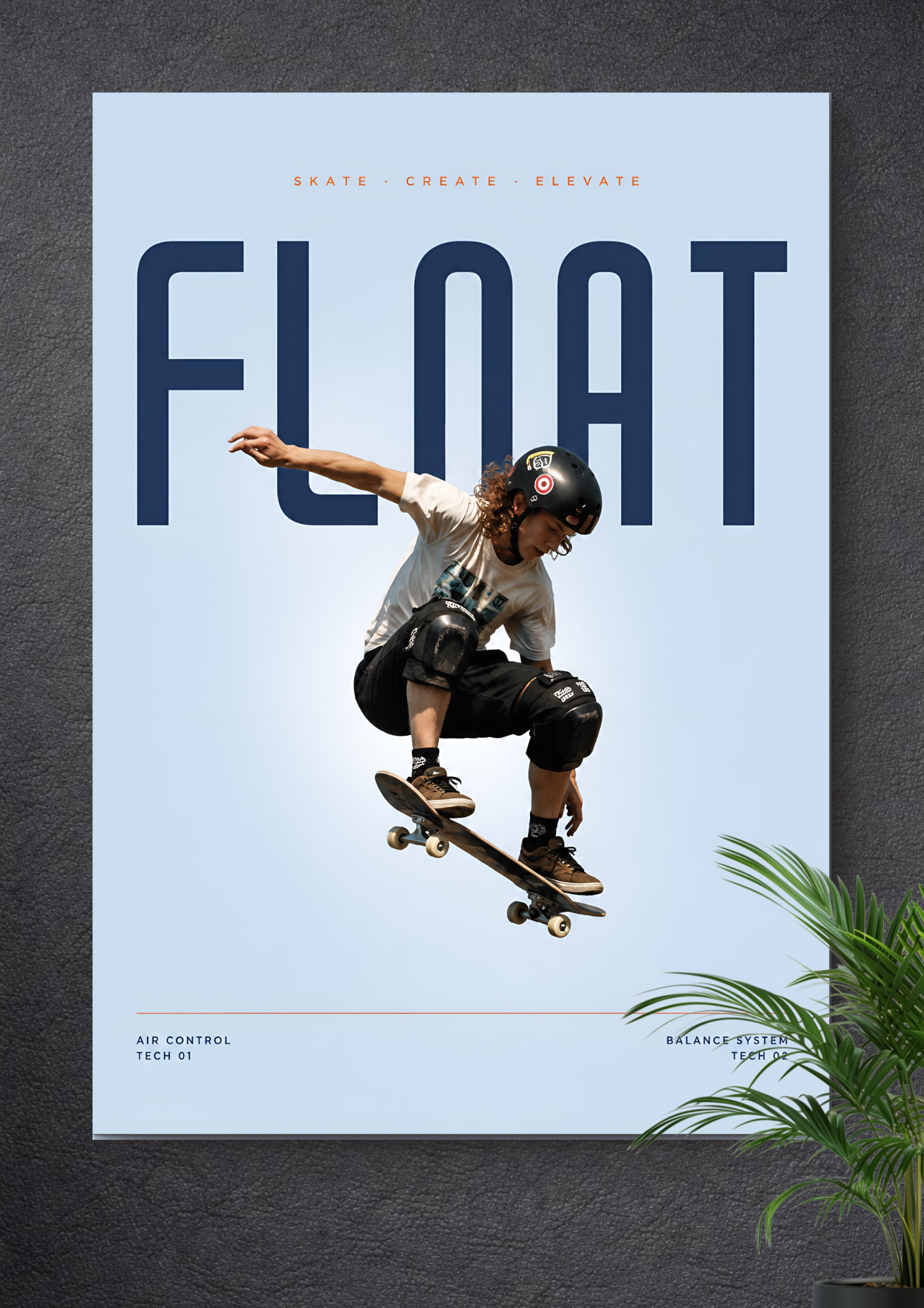 SKATEBOARDING MID-AIR OLLIE | FLOAT TYPOGRAPHY MINIMALIST BLUE ART POSTER