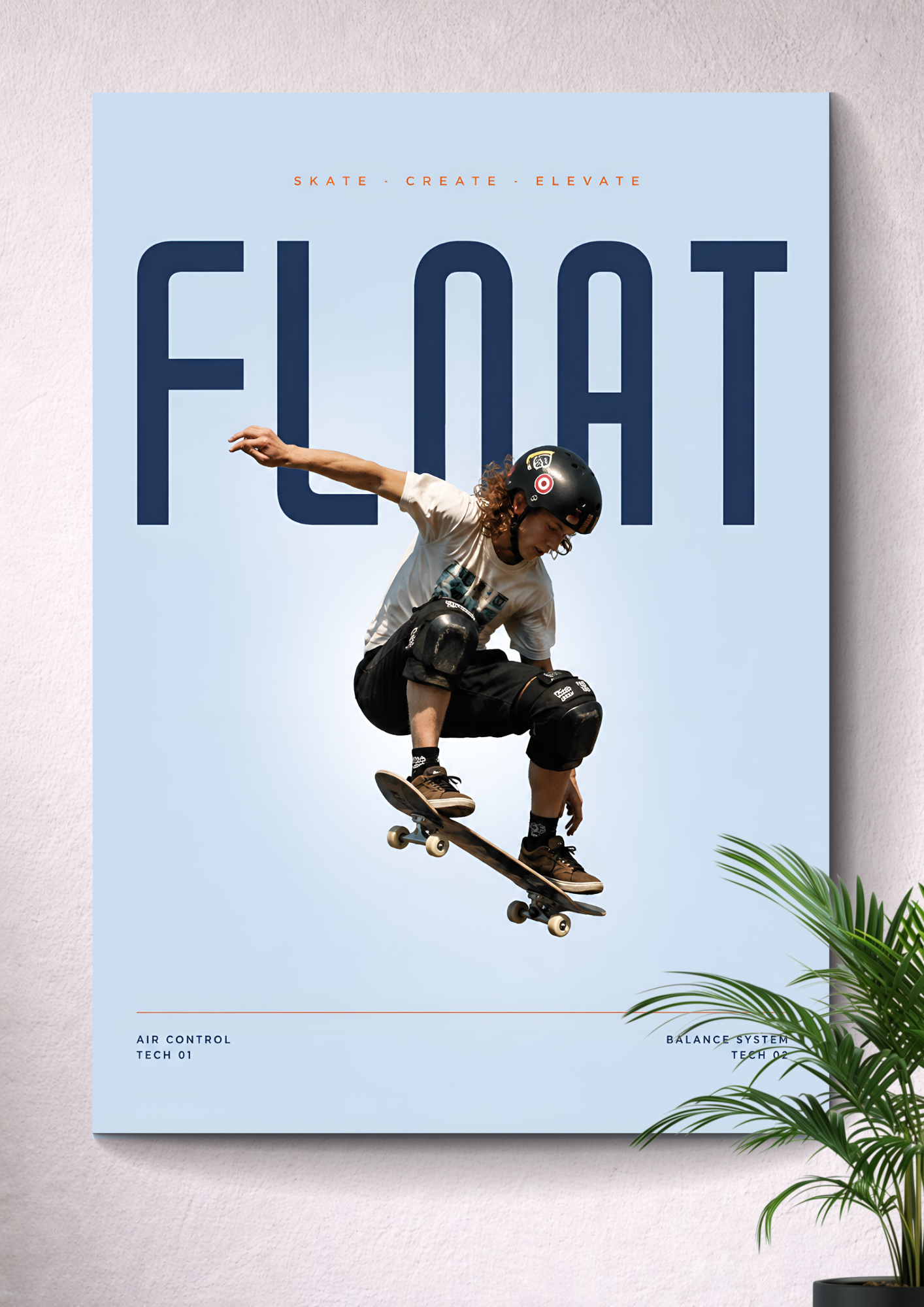 SKATEBOARDING MID-AIR OLLIE | FLOAT TYPOGRAPHY MINIMALIST BLUE ART POSTER