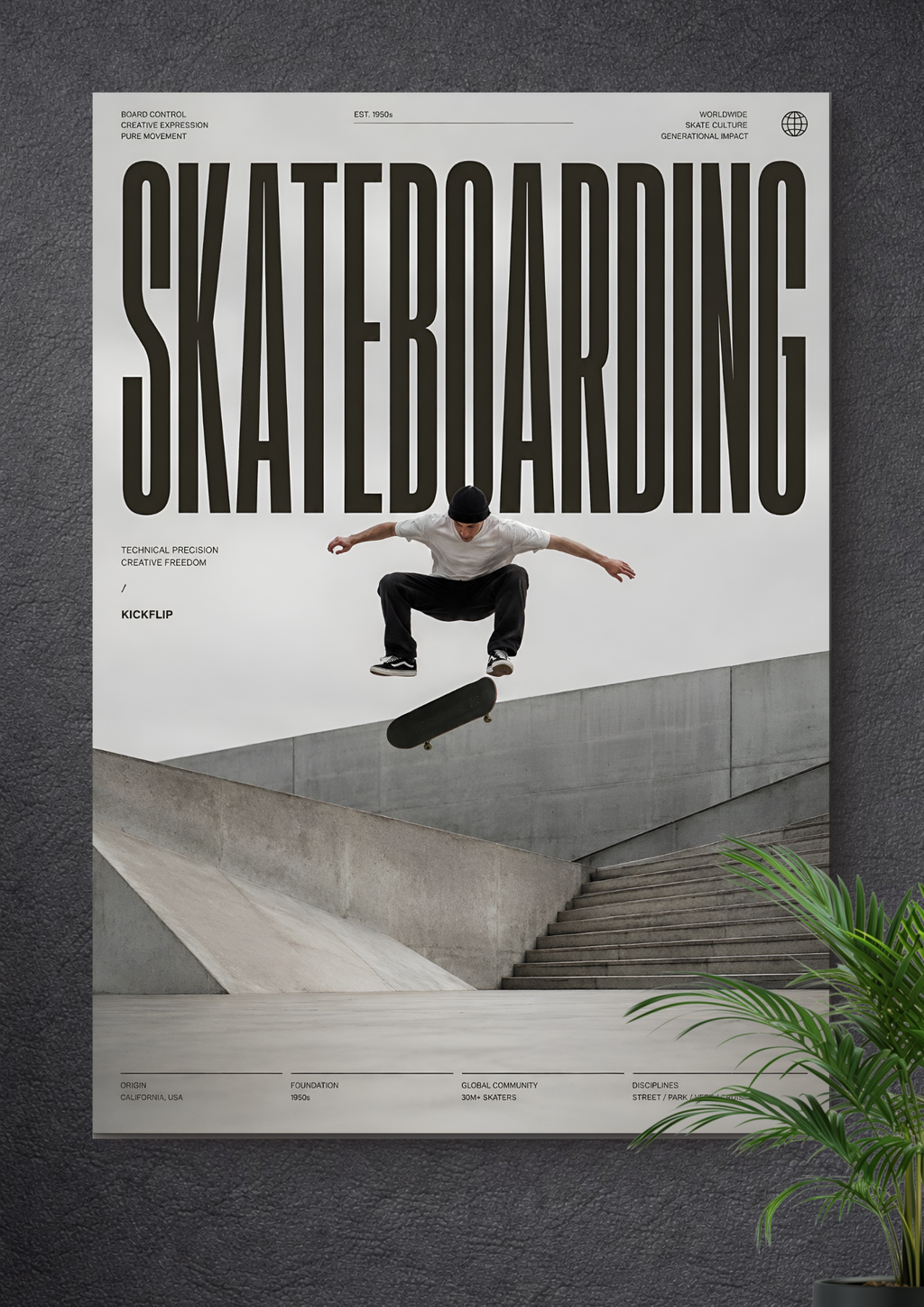 SKATEBOARDING MID-AIR KICKFLIP | MINIMALIST URBAN CONCRETE PARK ART POSTER