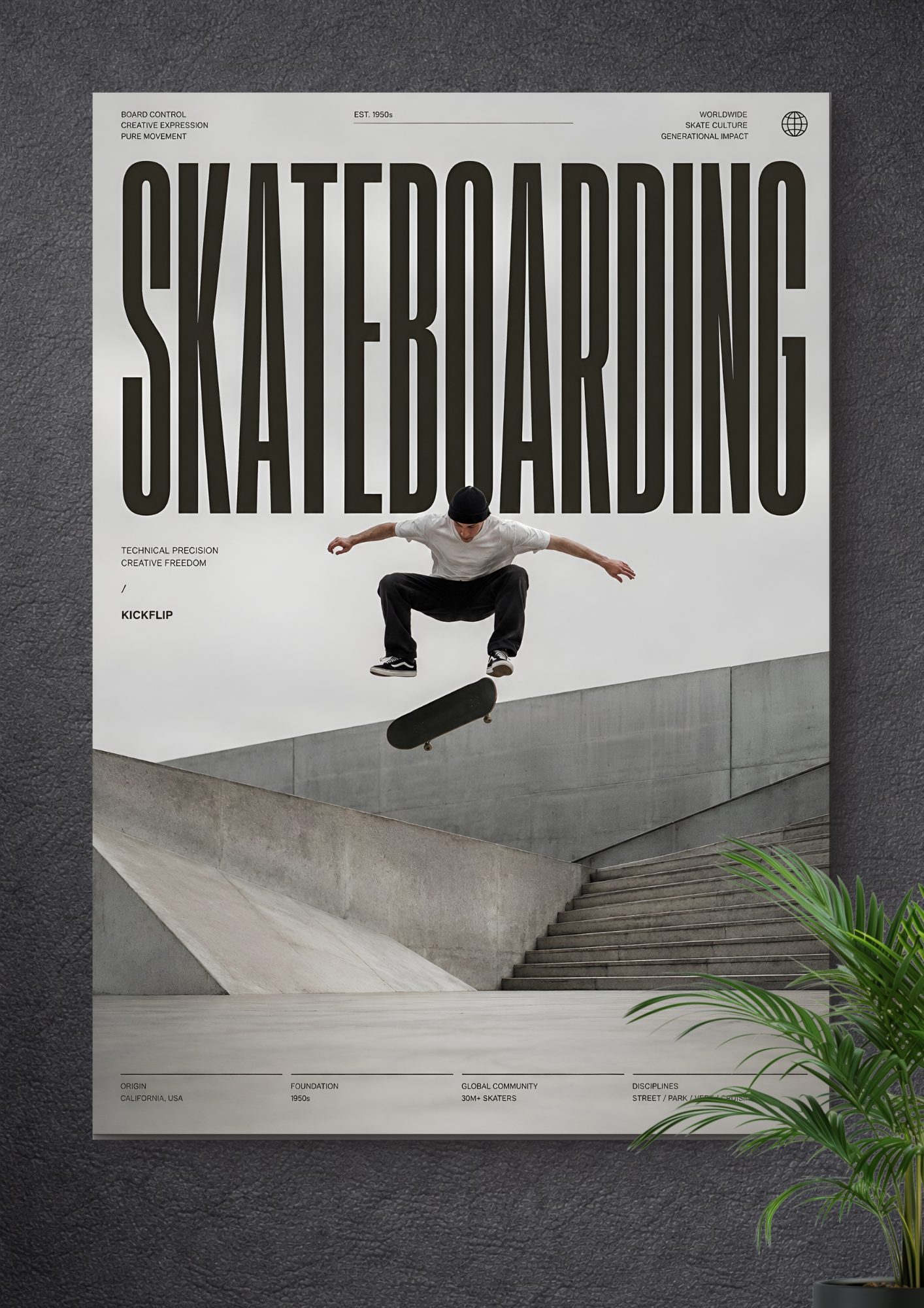 SKATEBOARDING MID-AIR KICKFLIP | MINIMALIST URBAN CONCRETE PARK ART POSTER