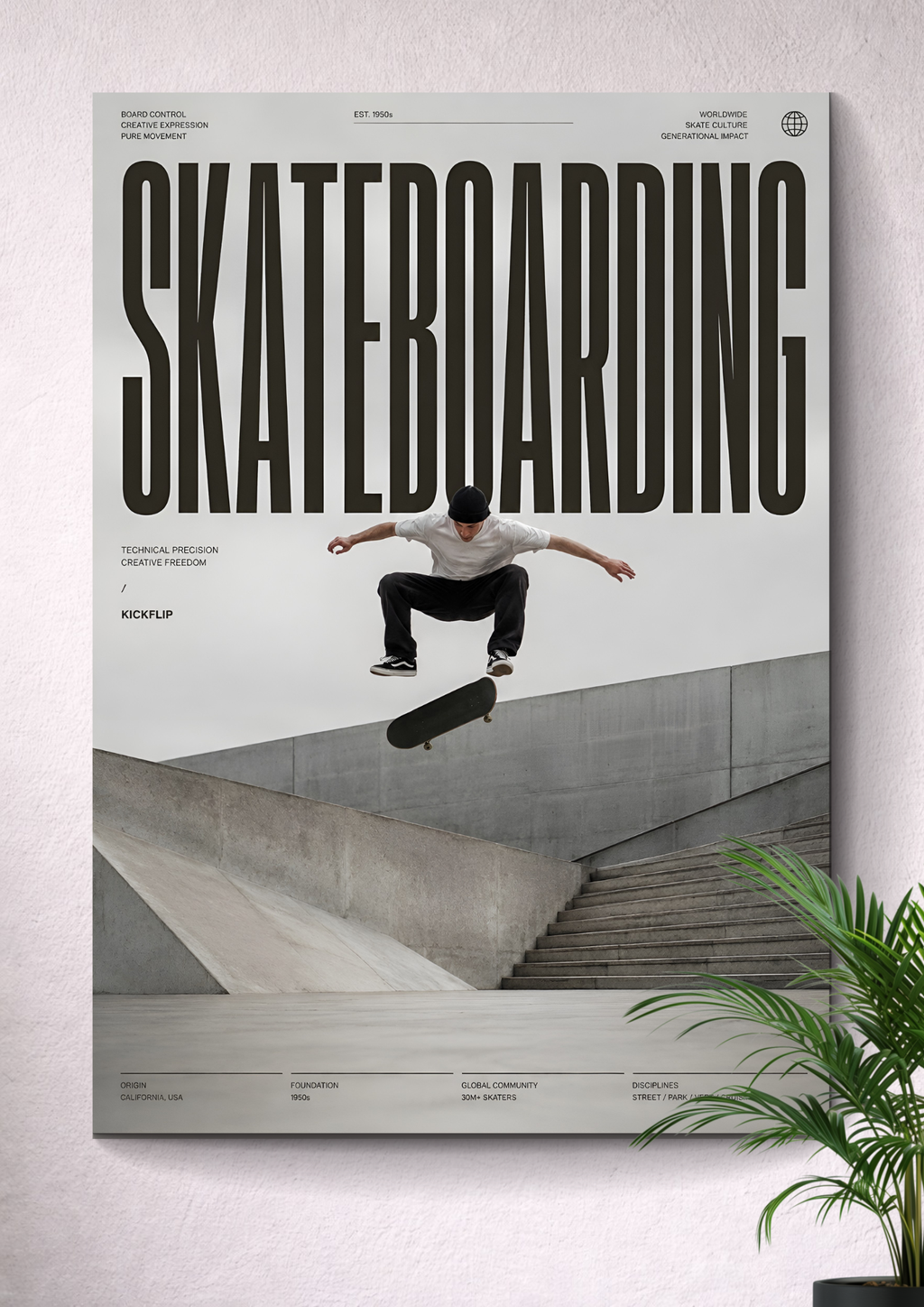 SKATEBOARDING MID-AIR KICKFLIP | MINIMALIST URBAN CONCRETE PARK ART POSTER