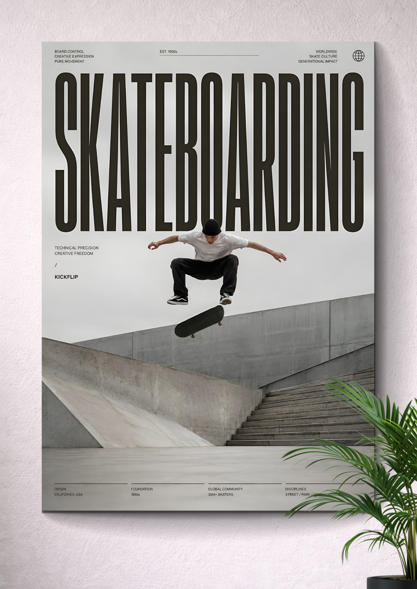 SKATEBOARDING MID-AIR KICKFLIP | MINIMALIST URBAN CONCRETE PARK ART POSTER