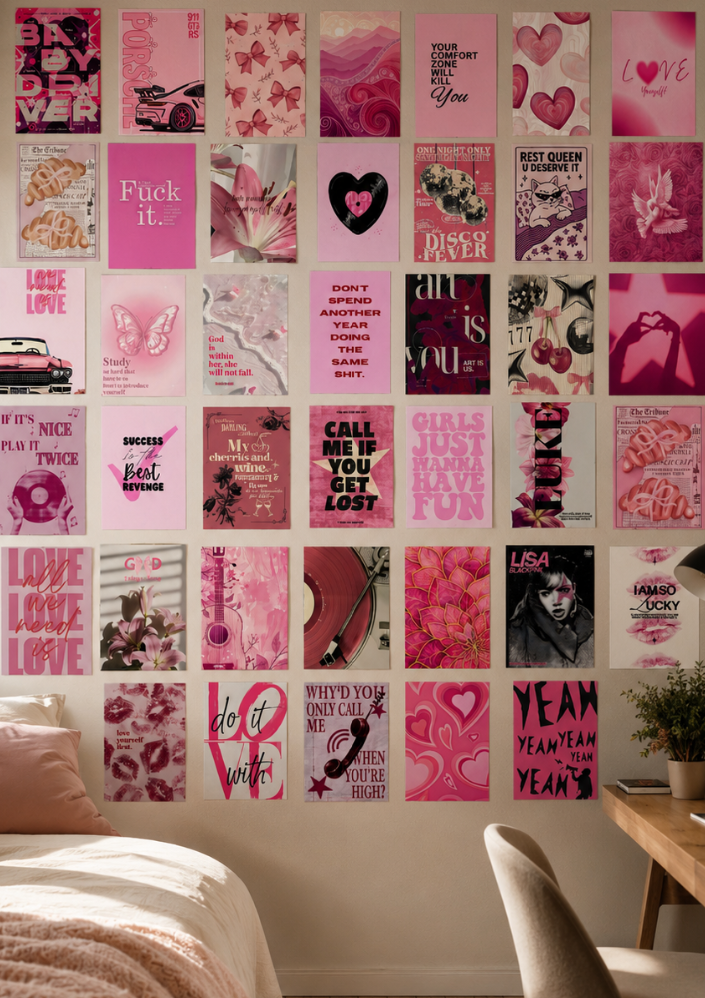 CHERRY BOMB: 40-PIECE HOT PINK AESTHETIC WALL COLLAGE KIT | DOWNTOWN GIRL PINK: MULTI-PACK WALL PRINT SET
