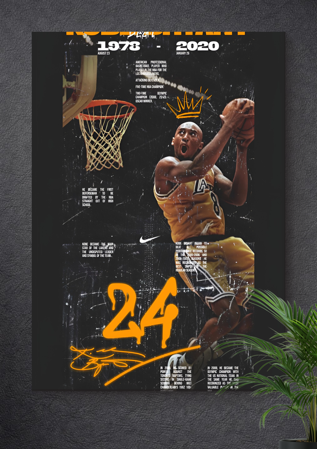 KOBE BRYANT INFOGRAPHIC MEMORIAL POSTER – LOS ANGELES LAKERS #24 #8 RETRO CANVAS ART PRINT