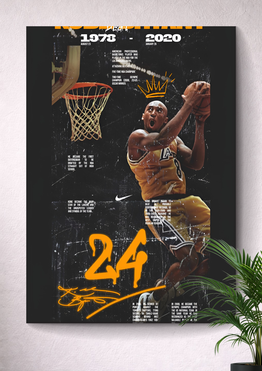KOBE BRYANT INFOGRAPHIC MEMORIAL POSTER – LOS ANGELES LAKERS #24 #8 RETRO CANVAS ART PRINT