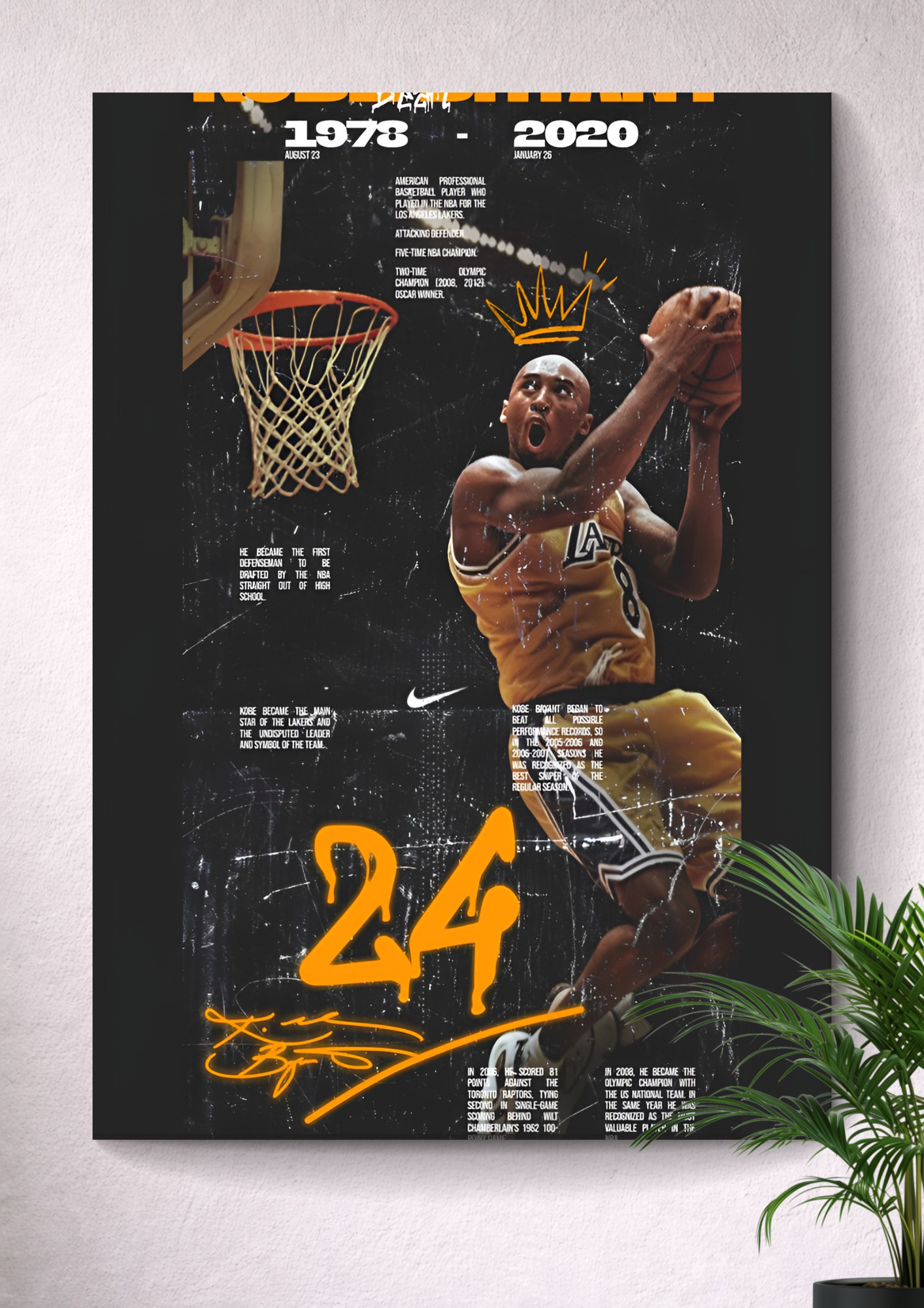 KOBE BRYANT INFOGRAPHIC MEMORIAL POSTER – LOS ANGELES LAKERS #24 #8 RETRO CANVAS ART PRINT