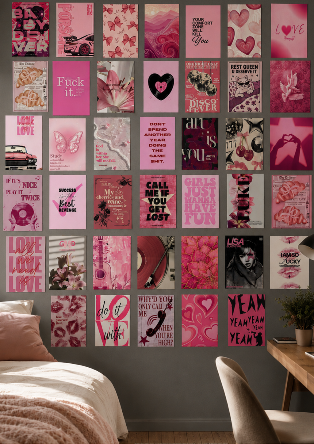 CHERRY BOMB: 40-PIECE HOT PINK AESTHETIC WALL COLLAGE KIT | DOWNTOWN GIRL PINK: MULTI-PACK WALL PRINT SET