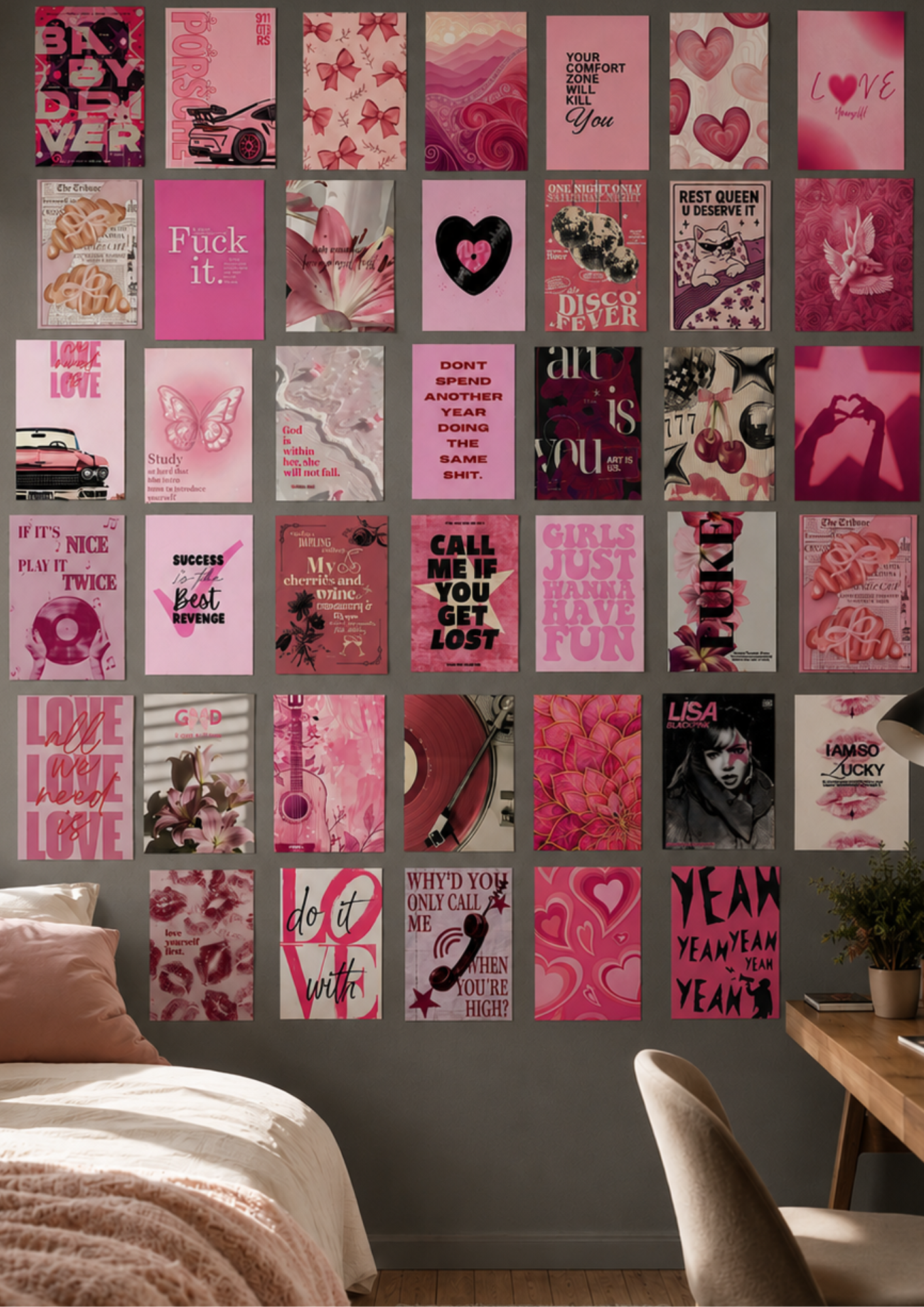 CHERRY BOMB: 40-PIECE HOT PINK AESTHETIC WALL COLLAGE KIT | DOWNTOWN GIRL PINK: MULTI-PACK WALL PRINT SET