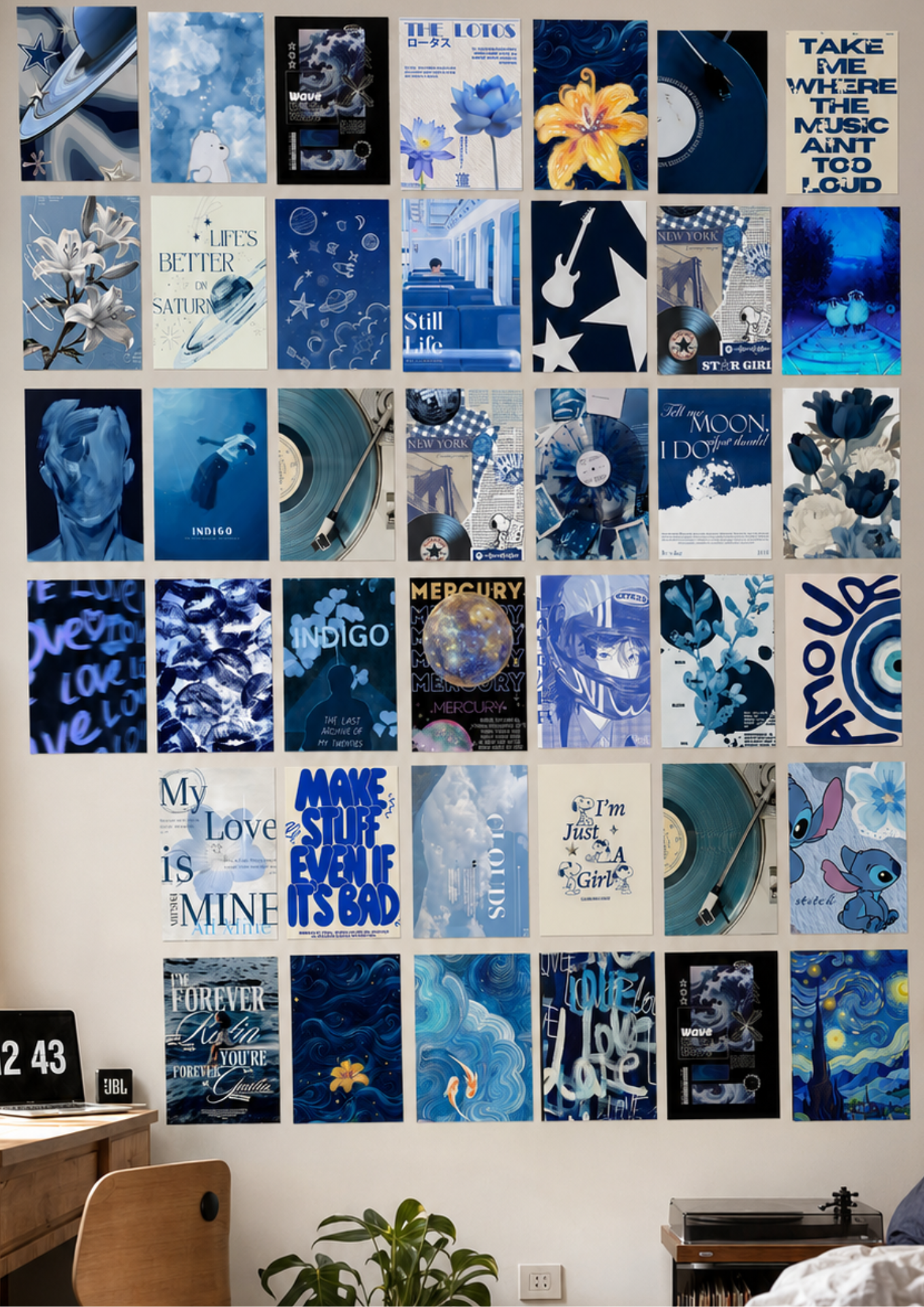 MIDNIGHT INDIGO: 40-PIECE DEEP BLUE AESTHETIC WALL COLLAGE KIT | ELECTRIC OCEAN: CURATED COBALT ROOM DECOR BUNDLE