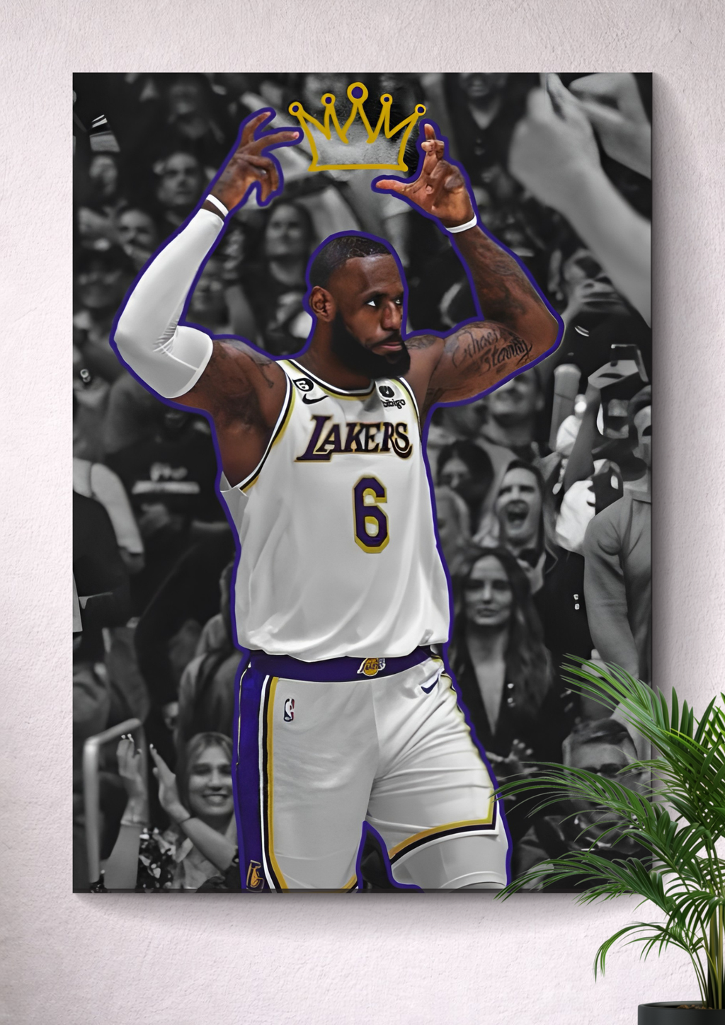 LEBRON JAMES ART PRINT, LOS ANGELES LAKERS RETRO PORTRAIT, NBA KING CROWN CANVAS WALL ART