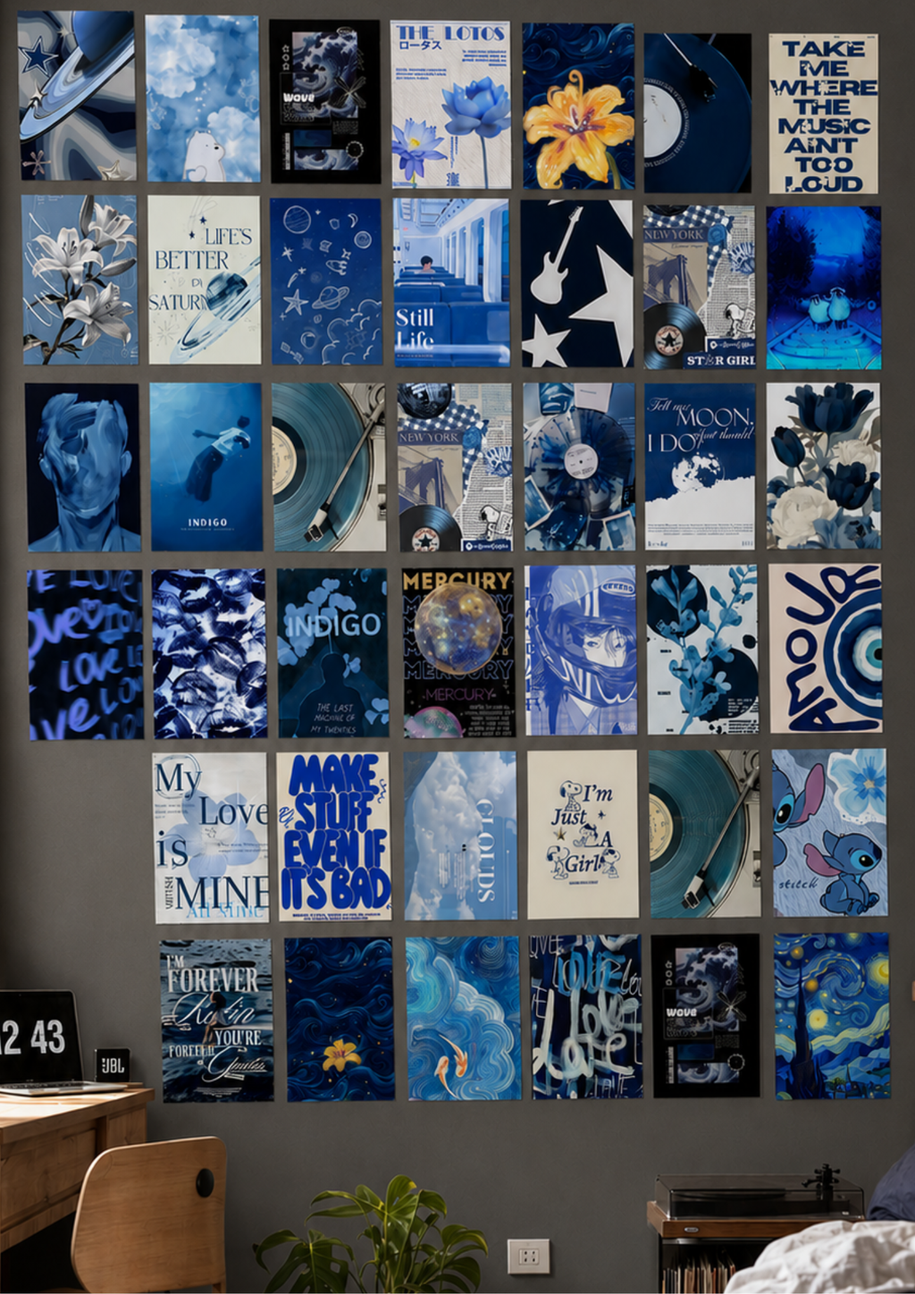 MIDNIGHT INDIGO: 40-PIECE DEEP BLUE AESTHETIC WALL COLLAGE KIT | ELECTRIC OCEAN: CURATED COBALT ROOM DECOR BUNDLE