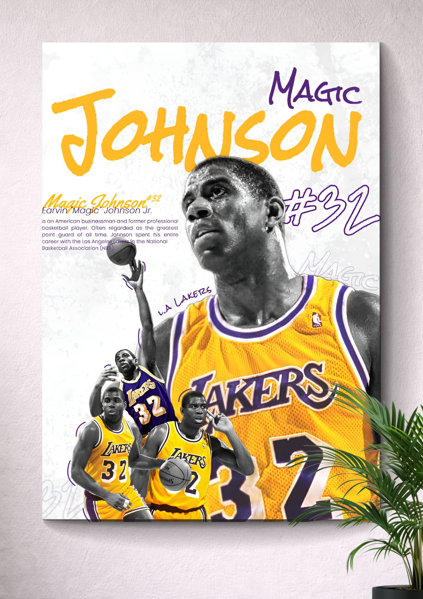 MAGIC JOHNSON POSTER – LOS ANGELES LAKERS #32 RETRO COLLAGE CANVAS ART PRINT