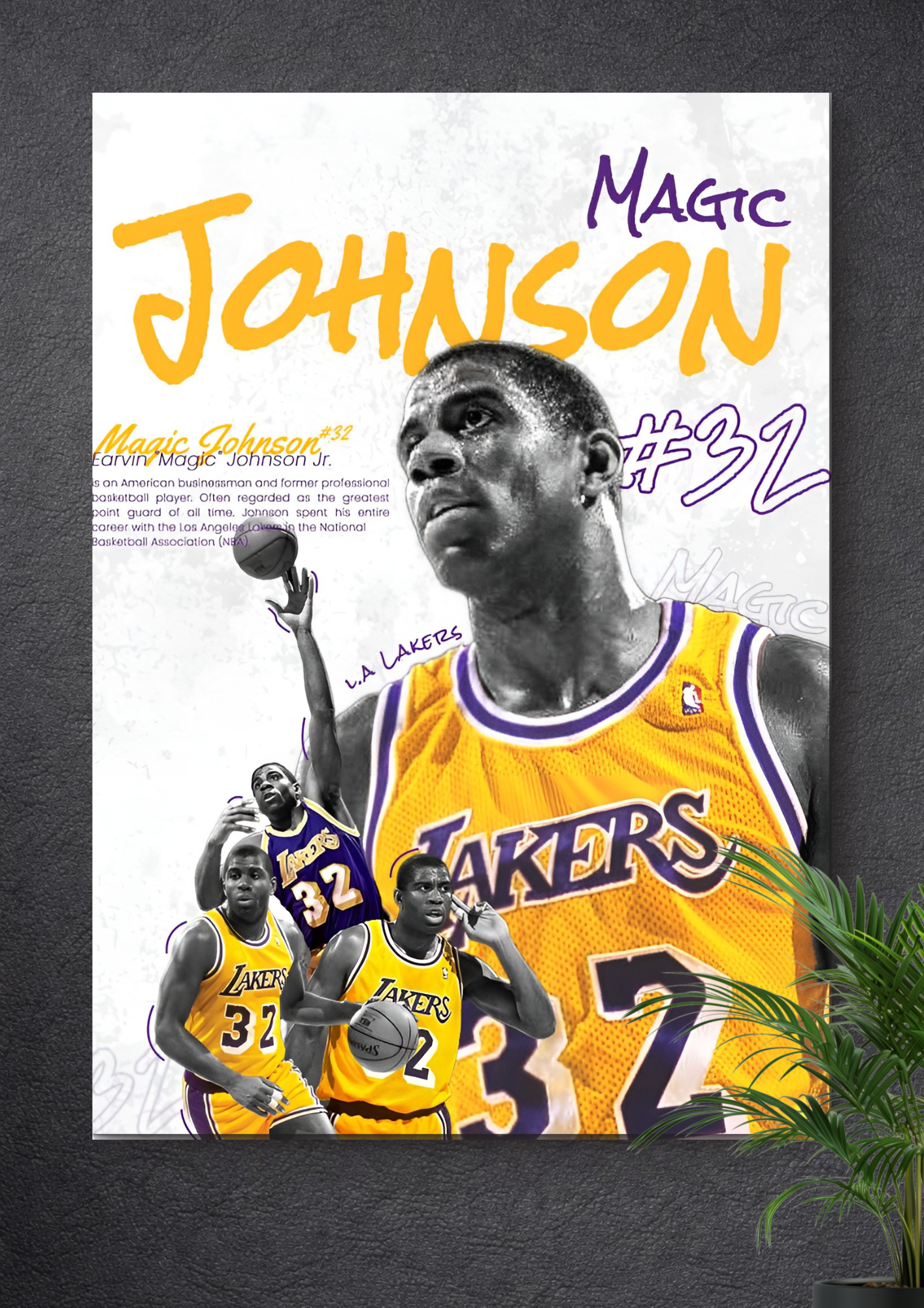 MAGIC JOHNSON POSTER – LOS ANGELES LAKERS #32 RETRO COLLAGE CANVAS ART PRINT